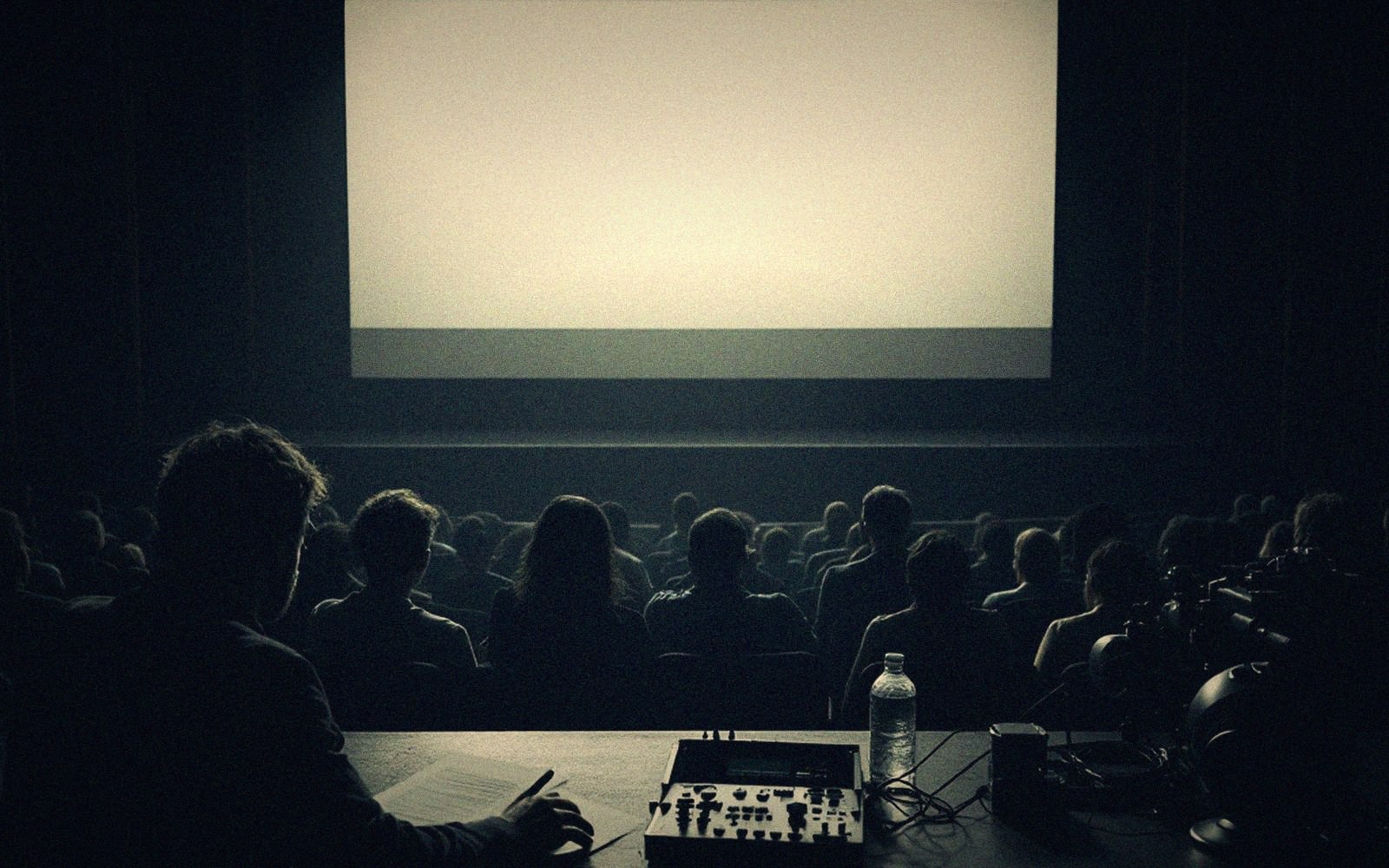 A half-full auditorium lit only by the screen