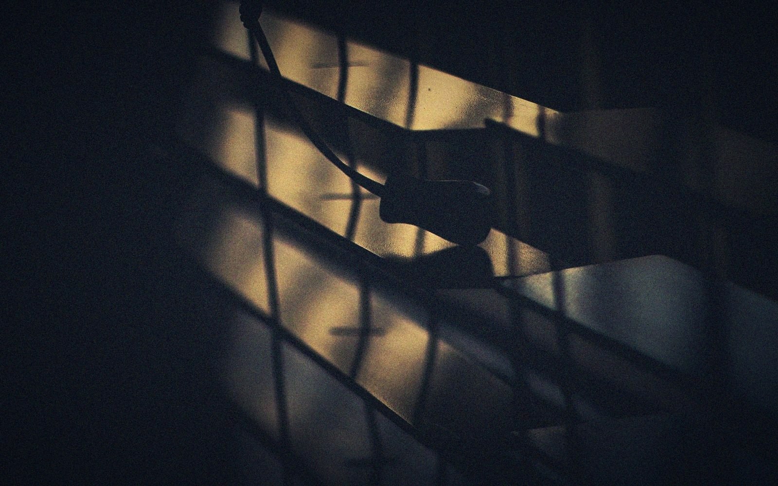 Shadows of a chain-link fence fall across warm light and venetian blinds