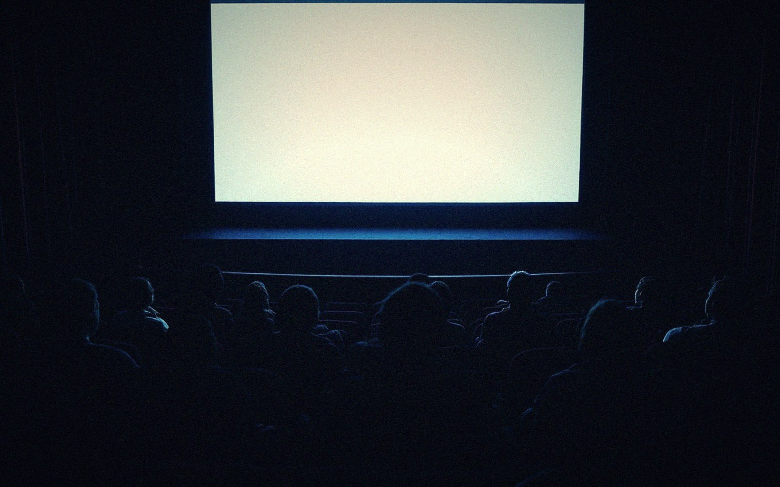 Silhouetted audience watching a blank white screen in a dark theater